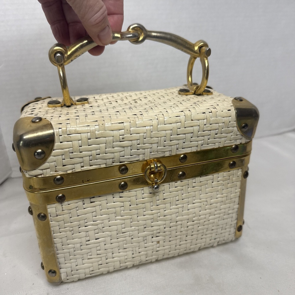 VTG 50s Delill Italian Made Woven Box Purse Gold Horsebit Handle MCM Trunk Bag